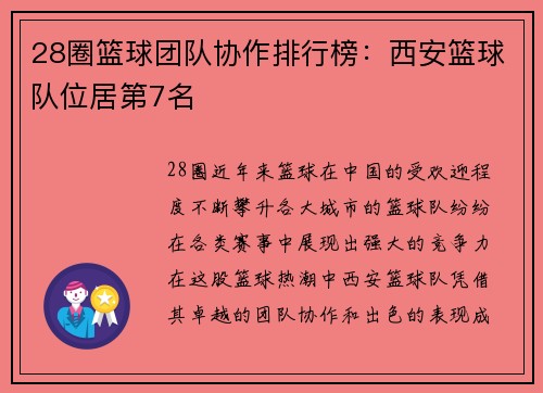 28圈篮球团队协作排行榜：西安篮球队位居第7名