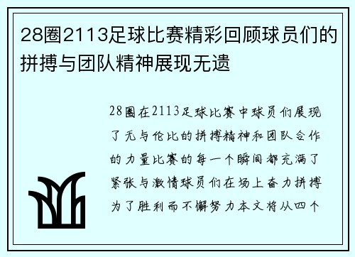 28圈2113足球比赛精彩回顾球员们的拼搏与团队精神展现无遗