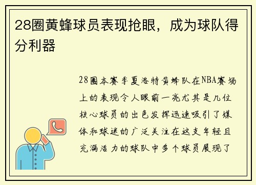 28圈黄蜂球员表现抢眼，成为球队得分利器