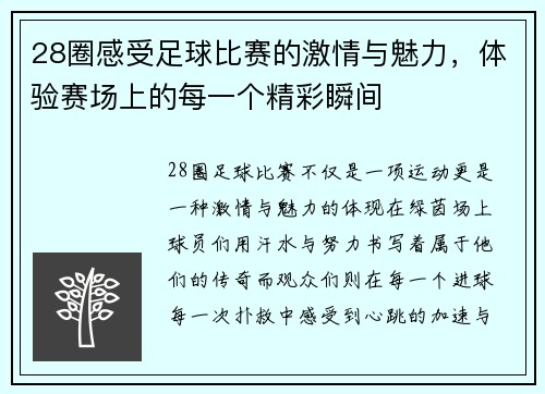 28圈感受足球比赛的激情与魅力，体验赛场上的每一个精彩瞬间