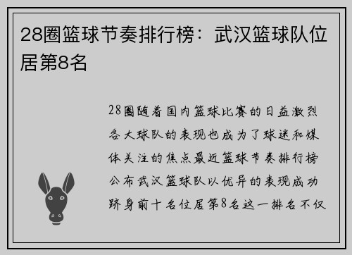 28圈篮球节奏排行榜：武汉篮球队位居第8名