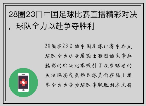 28圈23日中国足球比赛直播精彩对决，球队全力以赴争夺胜利