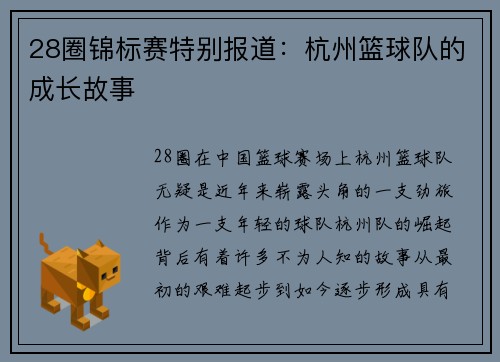 28圈锦标赛特别报道：杭州篮球队的成长故事