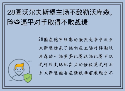 28圈沃尔夫斯堡主场不敌勒沃库森，险些逼平对手取得不败战绩