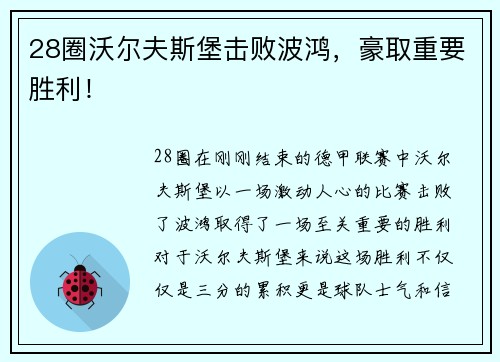 28圈沃尔夫斯堡击败波鸿，豪取重要胜利！