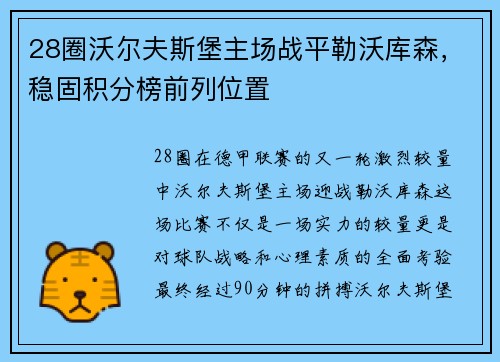 28圈沃尔夫斯堡主场战平勒沃库森，稳固积分榜前列位置