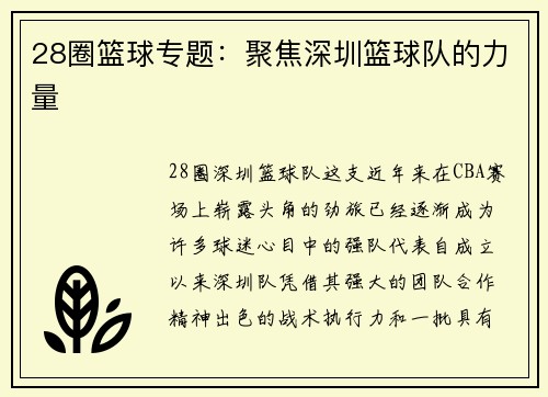 28圈篮球专题：聚焦深圳篮球队的力量