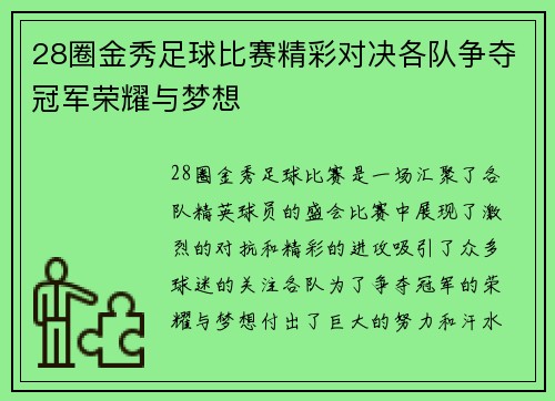 28圈金秀足球比赛精彩对决各队争夺冠军荣耀与梦想