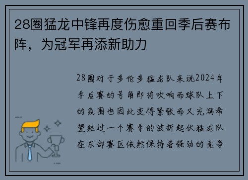 28圈猛龙中锋再度伤愈重回季后赛布阵，为冠军再添新助力