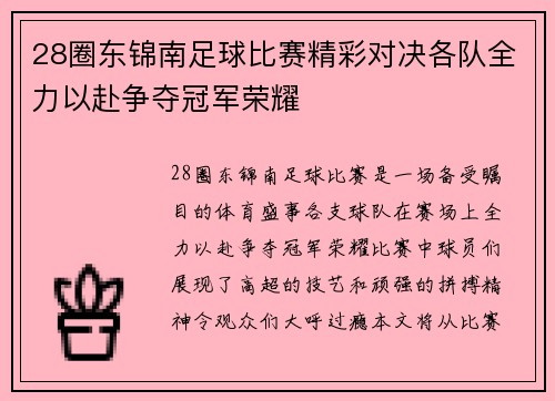 28圈东锦南足球比赛精彩对决各队全力以赴争夺冠军荣耀